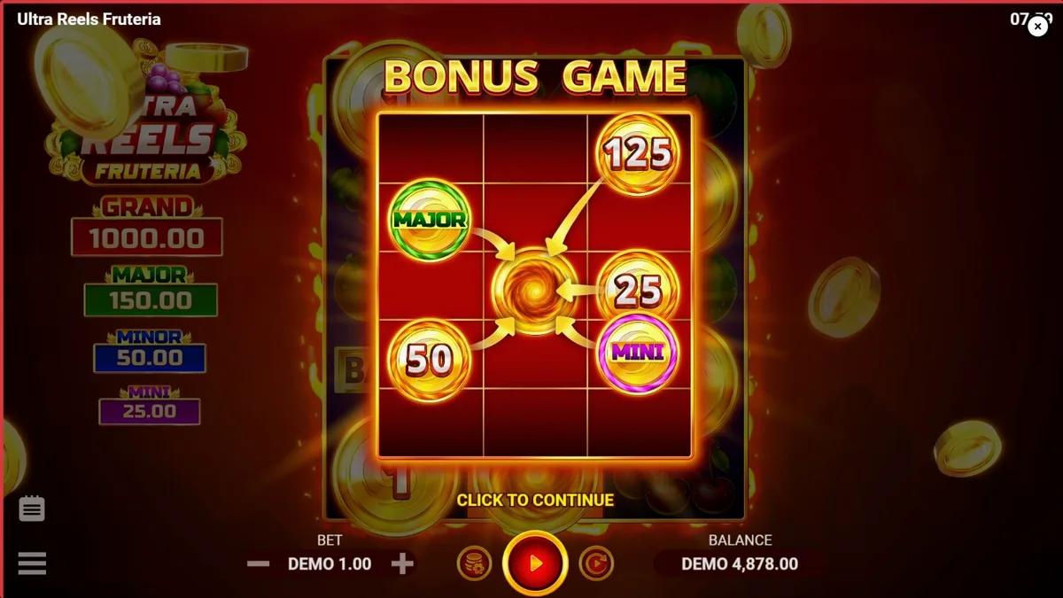 Tampilan layar mesin slot Ultra Reels Fruteria dengan simbol buah klasik dan latar belakang karnaval yang meriah